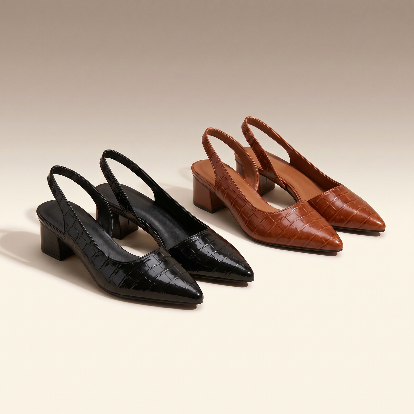 Solène slingback block heels in black and brown croc, side by side